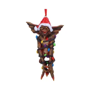 Gremlin Christmas Ornament Figurine - Red Santa Hat & Lights Gremlin Christmas ornament wearing Santa hat tangled in colorful holiday lights The-Hidden-Hatch