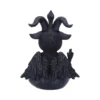 Horned Angel Figurine Resin Sculpture Black With Detailed Wings Dark horned winged figurine with detailed feathers and raised hand in gothic resin style.