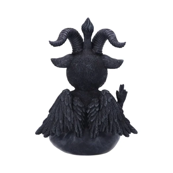 Horned Angel Figurine Resin Sculpture Black With Detailed Wings Dark horned winged figurine with detailed feathers and raised hand in gothic resin style.