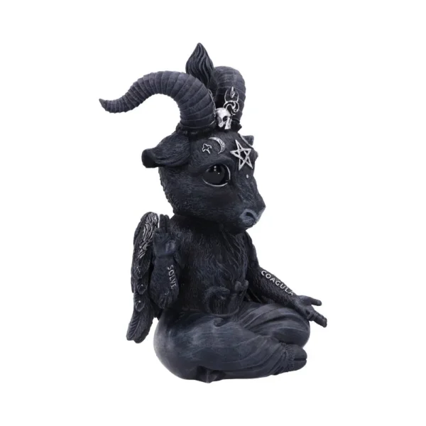 Cute Baphomet Figurine Matte Black - Horned Gothic Meditation Cute black gothic Baphomet figurine with horns, wings, and silver occult details in meditation pose.