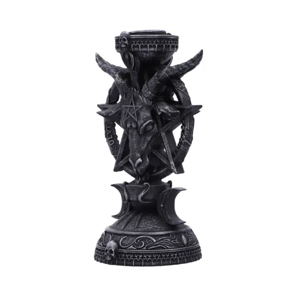 Gothic Goat Head Candle Holder - Black Chalice With Pentagram A dark gothic candle holder featuring a goat head with pentagram and ornate occult carvings.