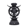 Gothic Black Metal Candle Holder - Goat Head Pentagram Design A black gothic candle holder with goat head, pentagram, skulls, and crescent moon designs.