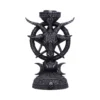 Gothic Goat Head Candle Holder Statue - Dark Stone Pentagram A gothic goat head candle holder with pentagram, skull, and crescent moon details.