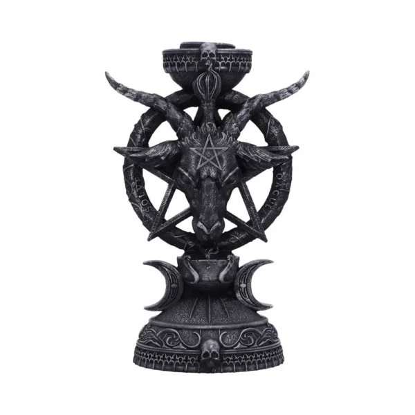 Gothic Goat Head Candle Holder Statue - Dark Stone Pentagram A gothic goat head candle holder with pentagram, skull, and crescent moon details.
