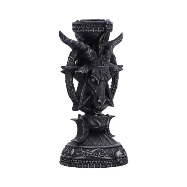 Gothic Goat Head Candle Holder Resin Black - Pentagram Design A gothic black goat-head candle holder with pentagram and ornate occult detailing.