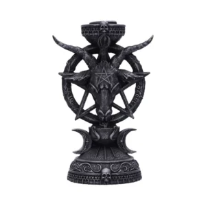 A black gothic candle holder with goat head, pentagram, skulls, and crescent moon designs.