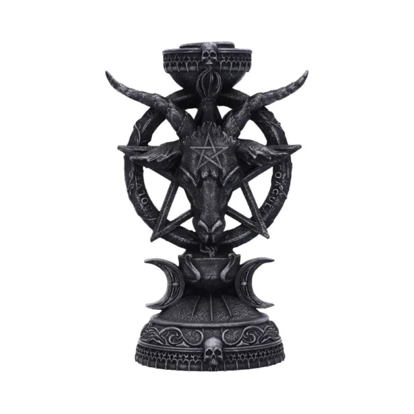 Gothic Black Metal Candle Holder - Goat Head Pentagram Design A black gothic candle holder with goat head, pentagram, skulls, and crescent moon designs.