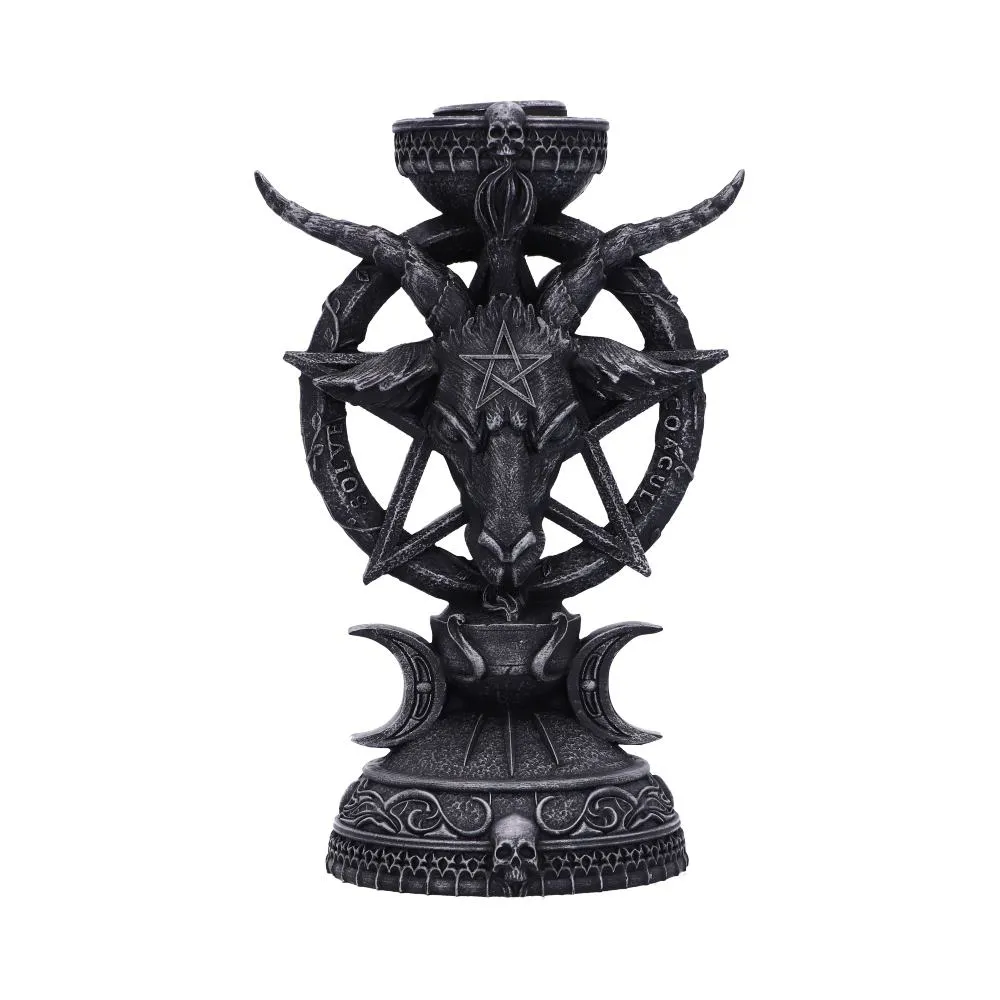 12 Best Candles for Gothic Bedrooms 5 A black gothic candle holder with goat head, pentagram, skulls, and crescent moon designs.