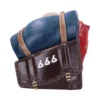 Brown Vinyl Adventure Backpack Sculpture - Blue Roll Accent Stylized brown adventure backpack sculpture with blue rolled blanket and embossed white “666” numbers.