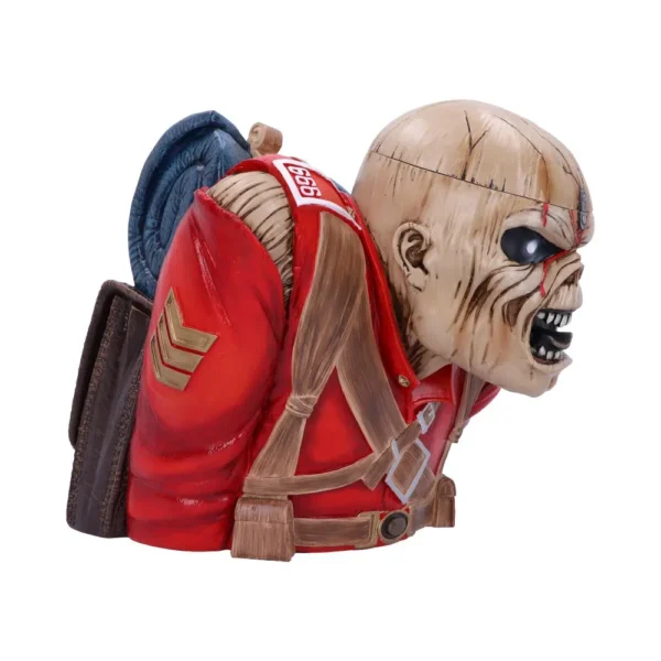 Undead Soldier Bust Figurine Resin Red Uniform - Scarred Face A skeletal soldier figurine in a red British-style uniform with a decayed face and backpack.