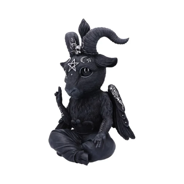 A dark goat-human figurine with wings sitting cross-legged in a meditative pose.