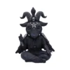 Cute black goat statuette with pentagram, horns, and wings sitting cross-legged in meditation.