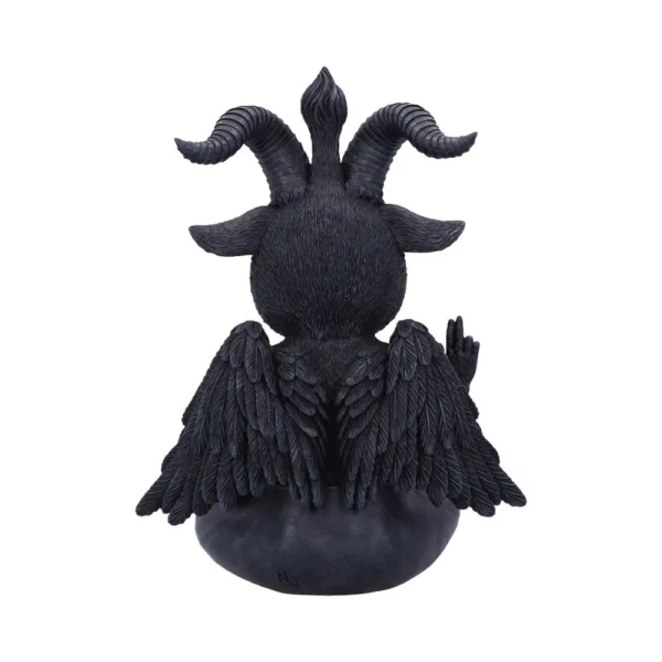 A black sculpted mythical creature with horns, fur, and folded feathered wings viewed from behind.