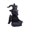 Black Goat-Human Figurine Resin Statue - Occult Symbol Design A black goat-human figurine sitting cross-legged with horns, wings, and occult symbols.