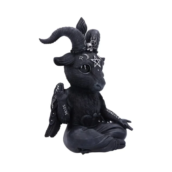 Black Goat-Human Figurine Resin Statue - Occult Symbol Design A black goat-human figurine sitting cross-legged with horns, wings, and occult symbols.
