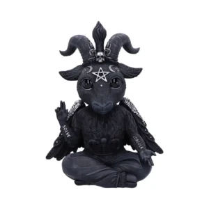 Chibi Goat Figurine Resin Statue Black – Pentagram And Wings Cute black goat statuette with pentagram, horns, and wings sitting cross-legged in meditation.