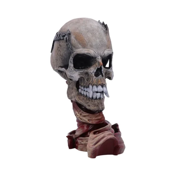 Metallica Skull Sculpture Resin Red Base - Gothic Art Design A detailed skull sculpture with metallic “Metallica” lettering and twisted red muscle-like base.