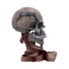 Metallica Skull Sculpture Resin Tan Brown - Red Sinew Base A detailed Metallica-themed skull sculpture with bone texture and red sinew-like base.
