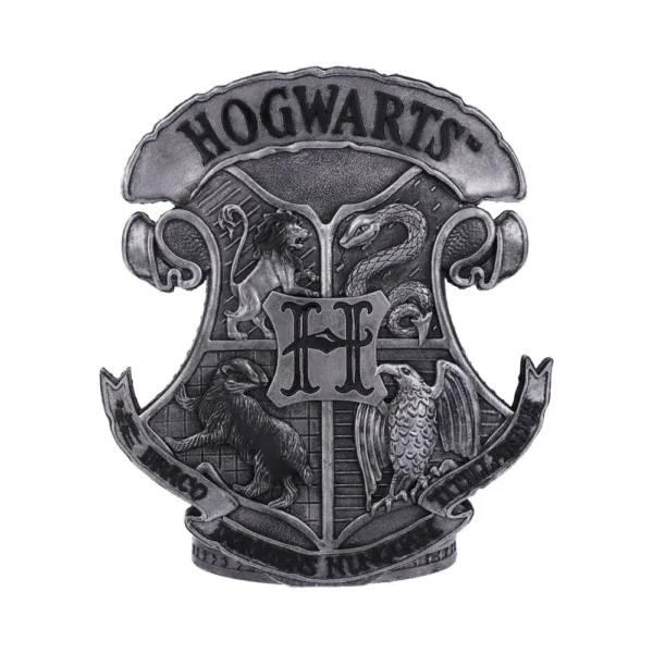 Hogwarts Crest Emblem Metal Plaque - Silver Engraved Detail Silver Hogwarts crest emblem with lion, serpent, badger, and eagle engraved in metal. The-Hidden-Hatch