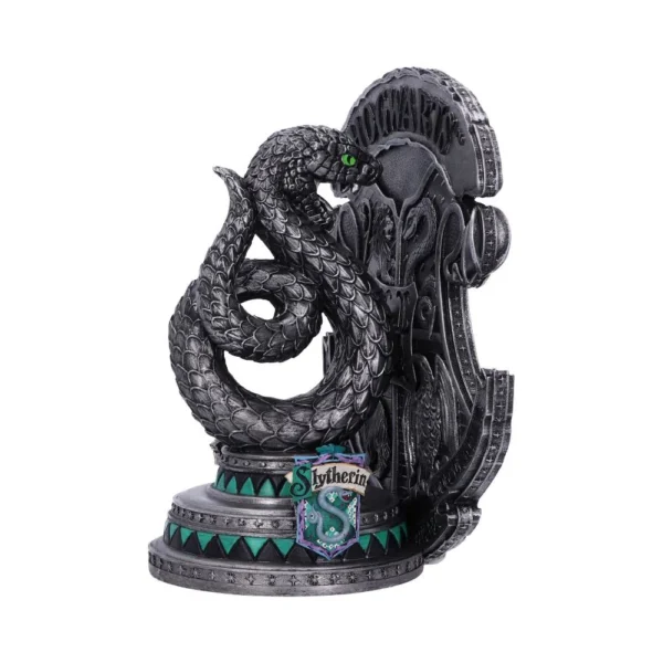 Slytherin Serpent Sculpture Metal Art - Green Eyes Silver Crest Detailed Slytherin serpent sculpture with green eyes and silver crest on dark base The-Hidden-Hatch