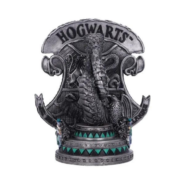 Hogwarts Crest Sculpture Pewter Silver - Serpentine Emerald Accents Metallic Hogwarts crest sculpture with serpentine centerpiece and emerald accents The-Hidden-Hatch