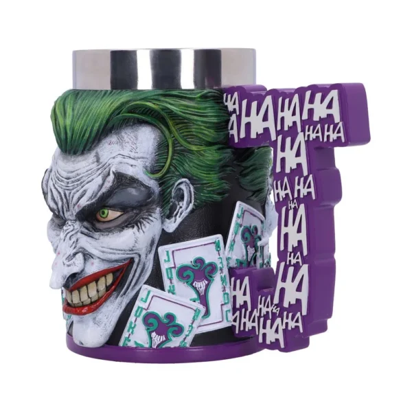 Joker 3D Ceramic Mug Purple Green - Playing Cards Design A 3D Joker face ceramic mug with green hair, purple handle, and playing card details.