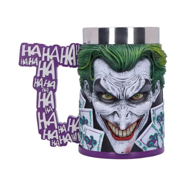 Joker 3D Sculpted Ceramic Mug Purple Handle - “HA HA HA” Design 3D sculpted Joker mug with green hair, sinister grin, and purple “HA HA HA” handle