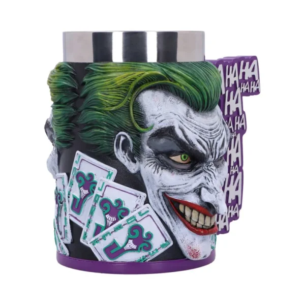 Joker 3D Ceramic Mug Black And Purple - HA HA Handle Design A 3D sculpted Joker face mug with green hair, red grin, and “HA HA” handle.