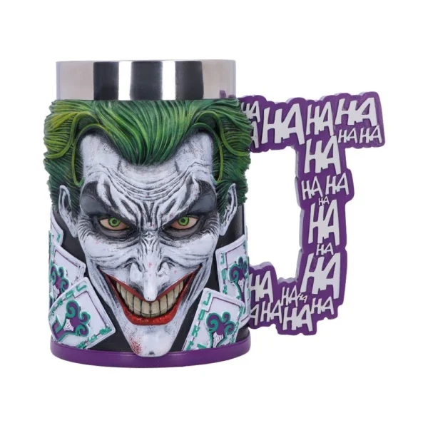 Joker Ceramic Mug White Green Purple - 3D Sculpted Face Design A sculpted Joker face ceramic mug with green hair, white face, and purple “HA HA” handle.