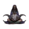 Moon Goddess Statue Bronze Figurine Blue Cloak Celtic Moons Bronze moon goddess statue holding a detailed lunar sphere with blue cloak and Celtic crescent moons.