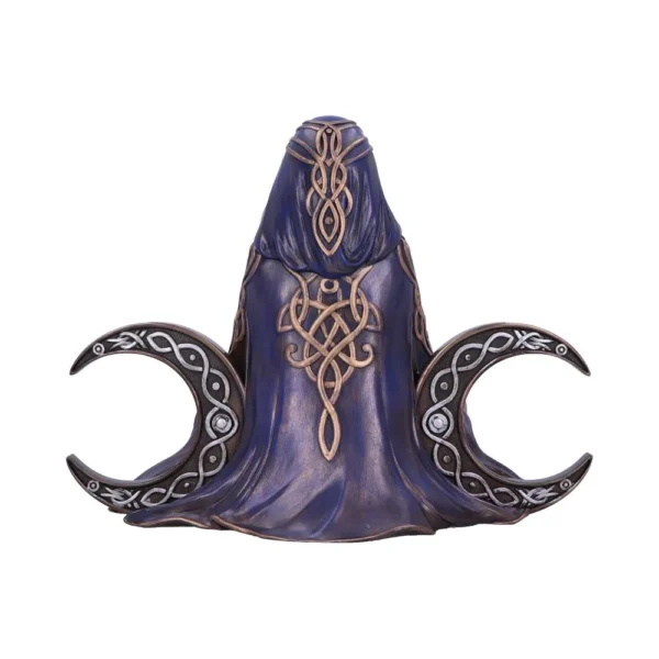 Mystical Robed Figure Sculpture Indigo Cloak With Crescent Moons A robed mystical figure sculpture with indigo cloak and twin ornate crescent moons.