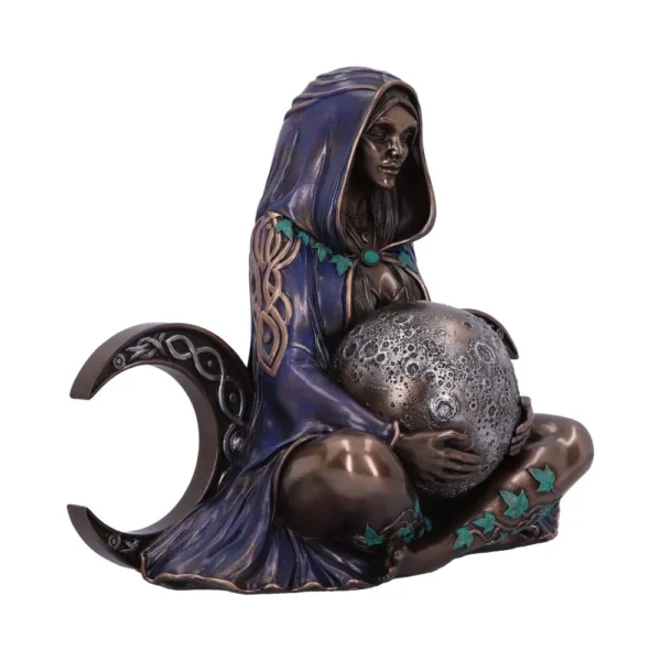 Moon Goddess Statue Bronze Blue Robe - Celtic Lunar Orb Bronze moon goddess statue holding a glowing lunar orb, draped in blue Celtic-patterned robes.