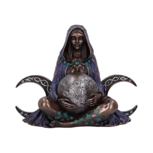 Moon Goddess Statue Bronze Figurine Blue Cloak Celtic Moons Bronze moon goddess statue holding a detailed lunar sphere with blue cloak and Celtic crescent moons.