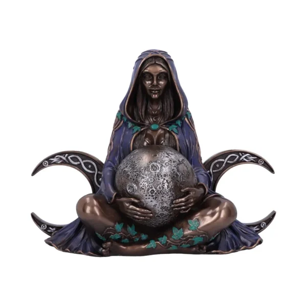 Moon Goddess Statue Bronze Figurine Blue Cloak Celtic Moons Bronze moon goddess statue holding a detailed lunar sphere with blue cloak and Celtic crescent moons.