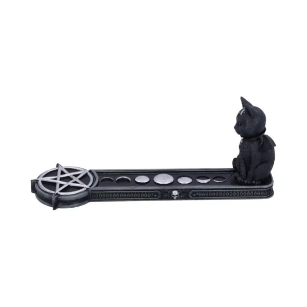 Gothic Resin Incense Holder Black Cat With Pentagram Design Black gothic incense holder with winged cat, moon phases, pentagram, and skull details.