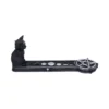 Gothic Cat Incense Holder Resin Black With Silver Pentagram Black gothic incense holder with cat statue, silver pentagram, skull, and moon phase details.