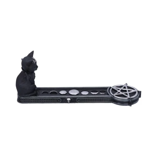 Gothic Cat Incense Holder Resin Black With Silver Pentagram Black gothic incense holder with cat statue, silver pentagram, skull, and moon phase details.
