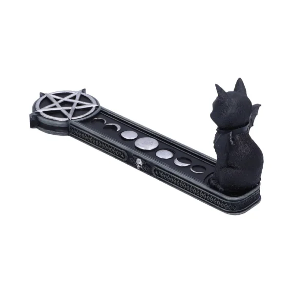 Black Cat Resin Incense Holder Black Gothic Base With Pentagram Black cat incense holder with moon phases and silver pentagram on a gothic decorative base.