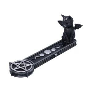 Gothic Resin Incense Holder Black - Pentagram And Winged Cat Black gothic incense holder with silver pentagram, moon phases, and winged black cat figurine.