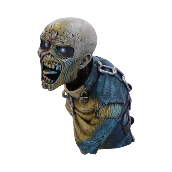 A decayed zombie sculpture with chains, cracked skull, glowing eyes, and tattered clothing.