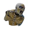 Undead Horror Bust Sculpture Gray Resin - Glowing Eyes and Chains A gray undead bust with glowing eyes, metal collar, and chained, decaying fabric garment.