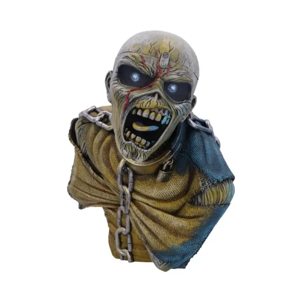 Nemesis Zombie Bust Sculpture Resin Gray - Chains And Glowing Eyes Bust of Nemesis Iron Maiden Eddie sculpture with chains, decayed skin, glowing eyes, and tattered clothing.