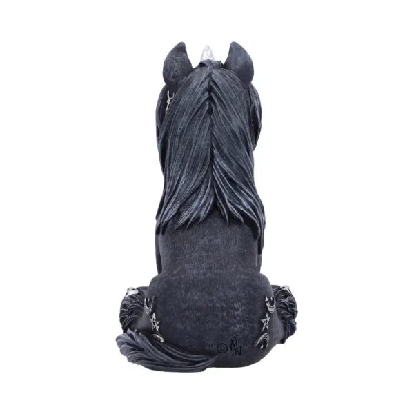 Moon Unicorn Figurine Resin Sculpture - Black With Silver Accents A dark unicorn figurine with a silver horn, moon, and star details on its body.