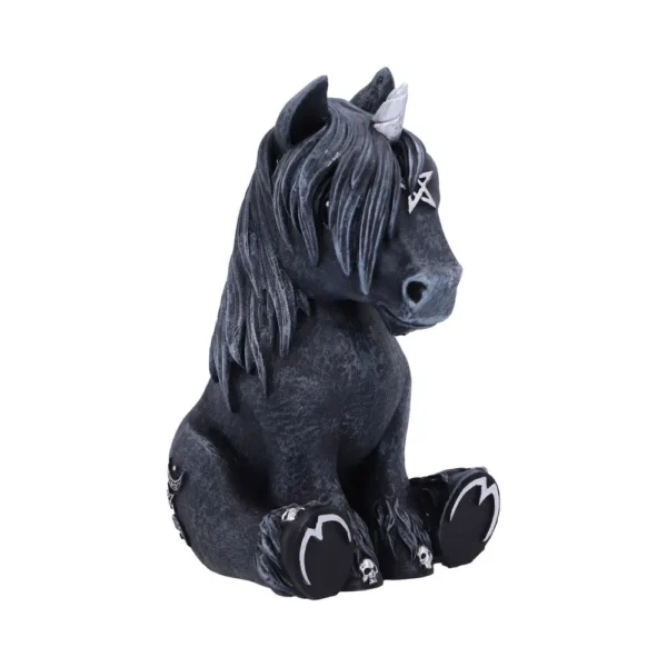 Gothic Unicorn Figurine Matte Black Resin - Silver Horn Detail A small black Gothic unicorn figurine with a silver horn, silver mane accents, and skull details.