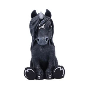 A black gothic unicorn figurine with a silver horn, pentagram, and small skull details.