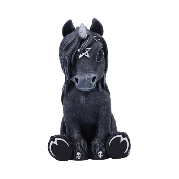 Gothic Unicorn Figurine Resin Black - Silver Horn and Pentagram A black gothic unicorn figurine with a silver horn, pentagram, and small skull details.