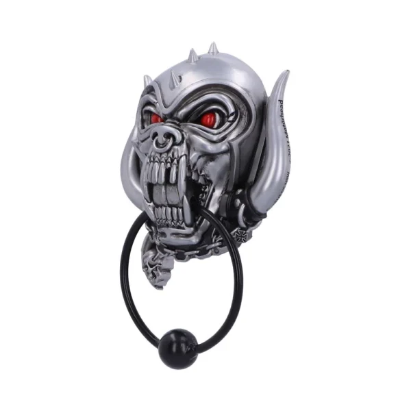 Metallic demonic boar head door knocker with red glowing eyes and black ring. The-Hidden-Hatch