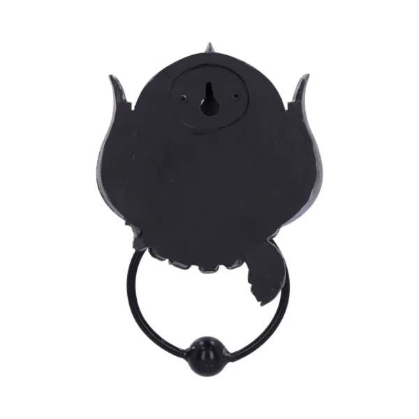 Black metal owl-shaped door knocker with circular ring handle, gothic home decor. The-Hidden-Hatch