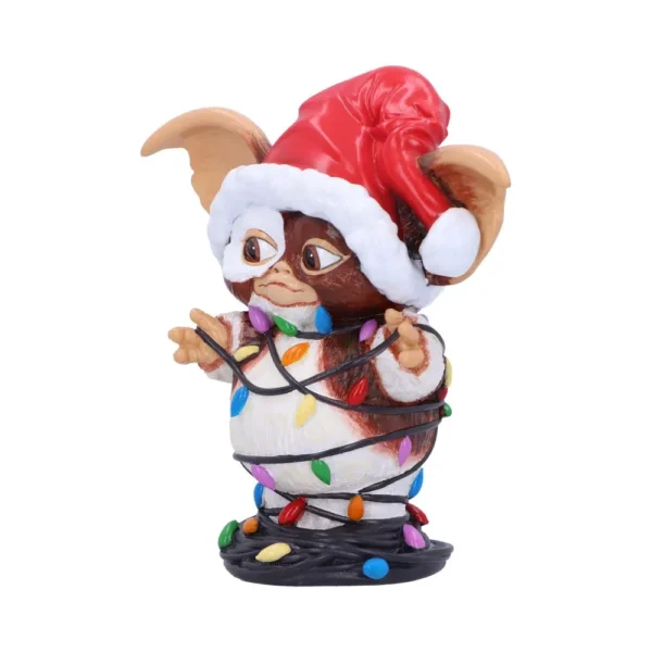 Gizmo Christmas Figurine Resin Brown White - Tangled Holiday Lights Gizmo Christmas figurine tangled in colorful holiday lights wearing a Santa hat The-Hidden-Hatch