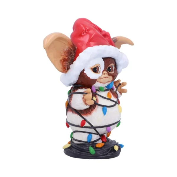 Gizmo Mogwai Holiday Figurine Brown White - Santa Hat Lights Gizmo figurine wearing a Santa hat wrapped in colorful Christmas lights The-Hidden-Hatch